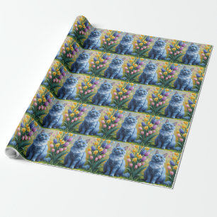 Russian Blue Cat Spring Flowers Painting Wrapping Paper