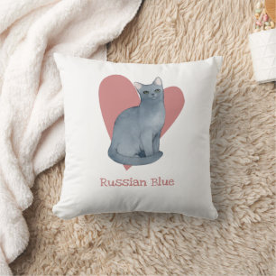 Russian Blue Cat Watercolor Kitty Pink Heart Cushion