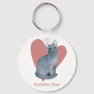 Russian Blue Cat Watercolor Kitty Pink Heart Key Ring