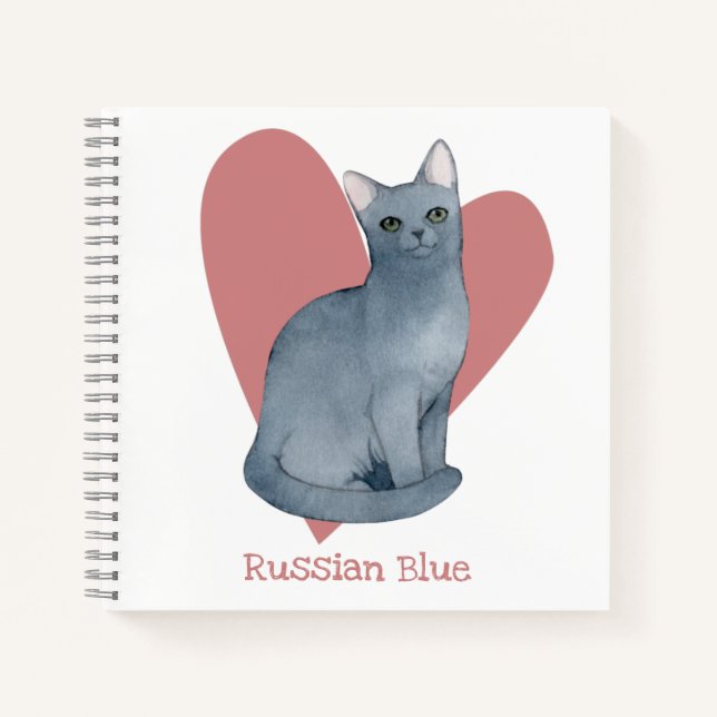 Russian Blue Cat Watercolor Kitty Pink Heart Notebook (Front)