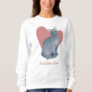 Russian Blue Cat Watercolor Kitty Pink Heart Sweatshirt