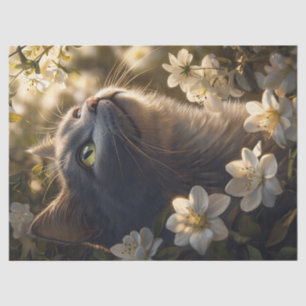 Russian Blue Cat White Flowers Decoupage Tissue Paper