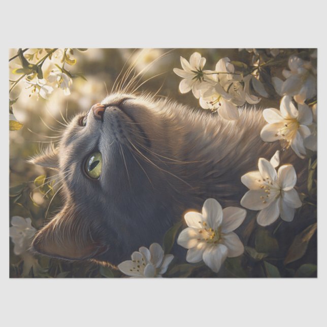 Russian Blue Cat White Flowers Decoupage Tissue Paper (Front)