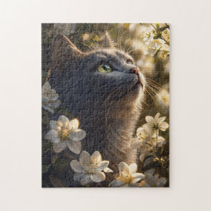 Russian Blue Cat White Flowers Jigsaw Puzzle