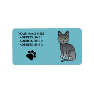 Russian Blue Cat With A Black Paw And Text Label