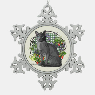 Russian Blue Cat with Berries Snowflake Pewter Christmas Ornament