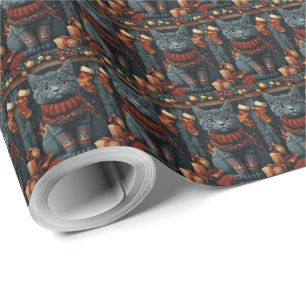 Russian Blue Cat With Christmas Gifts Fireplace Wrapping Paper