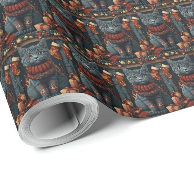 Russian Blue Cat With Christmas Gifts Fireplace Wrapping Paper (Roll Corner)