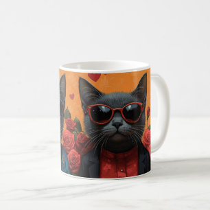 Russian Blue Cat with Heart Roses Valentine's Day Coffee Mug