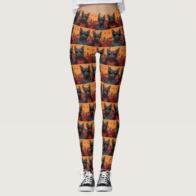 Russian Blue Cat with Heart Roses Valentine's Day Leggings (Front)