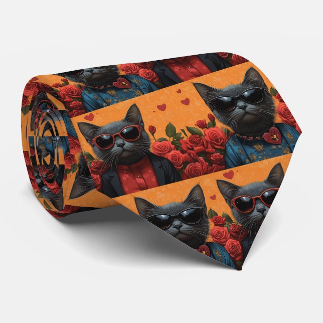 Russian Blue Cat with Heart Roses Valentine's Day Tie (Rolled)