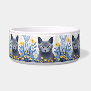 Russian Blue Cat Yellow Flowers
