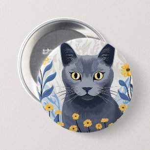 Russian Blue Cat Yellow Flowers 7.5 Cm Round Badge