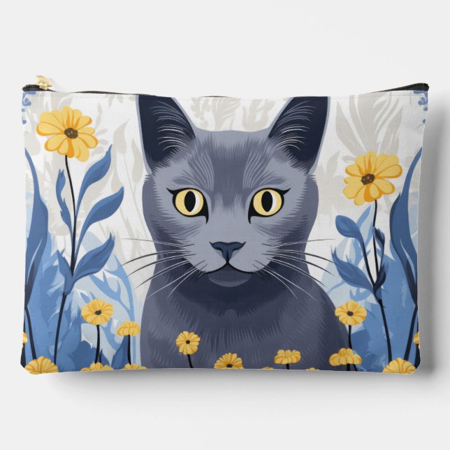 Russian Blue Cat Yellow Flowers Accessory Pouch (Front)