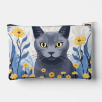 Russian Blue Cat Yellow Flowers