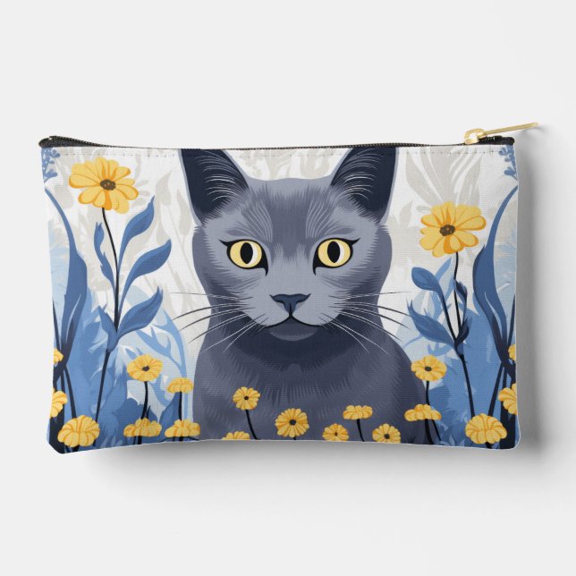 Russian Blue Cat Yellow Flowers Accessory Pouch (Back)