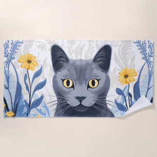 Russian Blue Cat Yellow Flowers Beach Towel