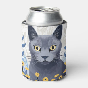 Russian Blue Cat Yellow Flowers Can Cooler