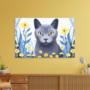 Russian Blue Cat Yellow Flowers Canvas Print