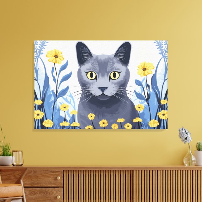 Russian Blue Cat Yellow Flowers Canvas Print (Insitu(LivingRoom))
