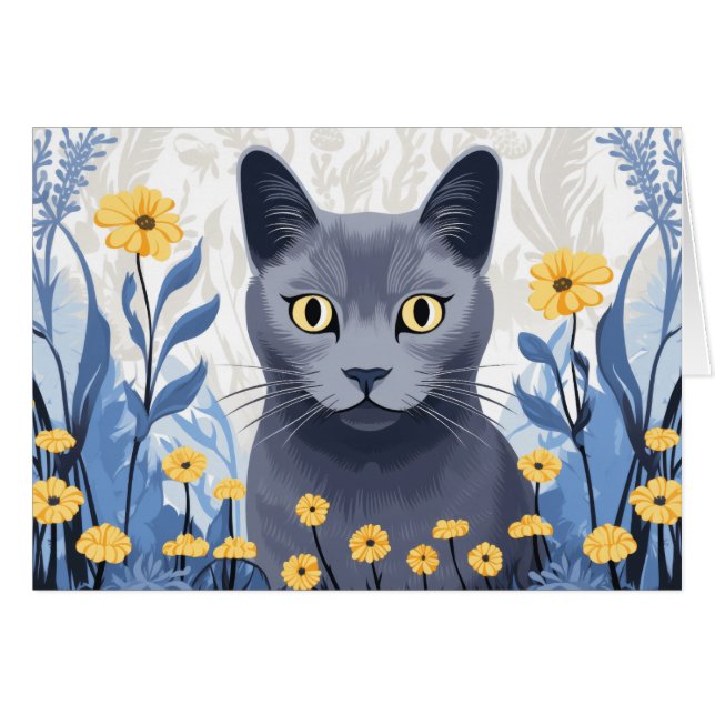 Russian Blue Cat Yellow Flowers Card (Front Horizontal)