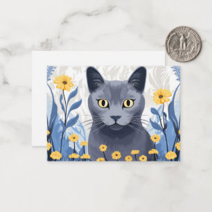 Russian Blue Cat Yellow Flowers Card