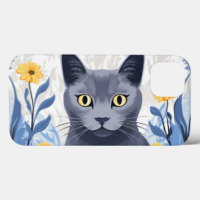 Russian Blue Cat Yellow Flowers