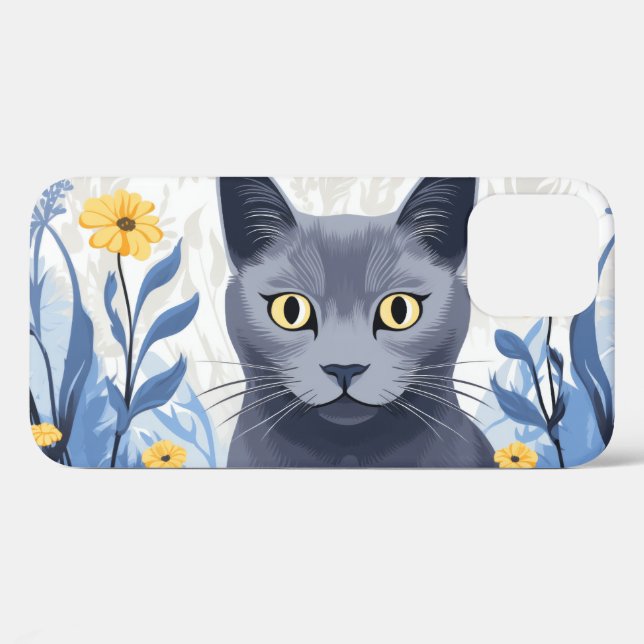 Russian Blue Cat Yellow Flowers Case-Mate iPhone Case (Back (Horizontal))
