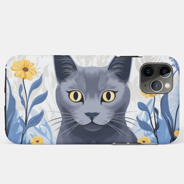 Russian Blue Cat Yellow Flowers Case-Mate iPhone Case (Back (Horizontal))