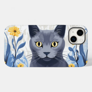 Russian Blue Cat Yellow Flowers Case-Mate iPhone 14 Plus Case