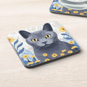 Russian Blue Cat Yellow Flowers Coaster