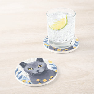 Russian Blue Cat Yellow Flowers Coaster