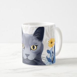 Russian Blue Cat Yellow Flowers Coffee Mug