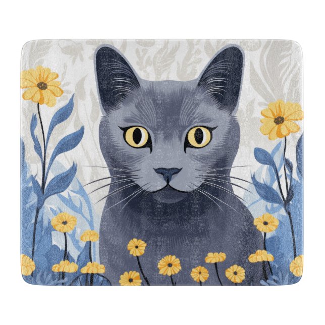 Russian Blue Cat Yellow Flowers Cutting Board (Front)