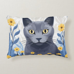 Russian Blue Cat Yellow Flowers Decorative Cushion