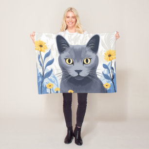 Russian Blue Cat Yellow Flowers Fleece Blanket
