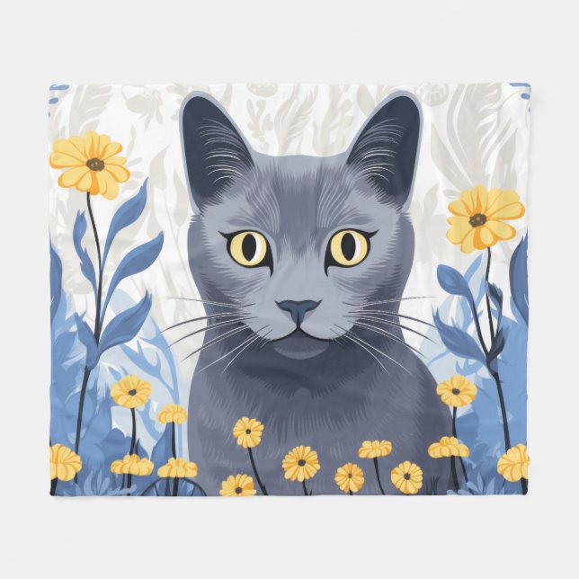 Russian Blue Cat Yellow Flowers Fleece Blanket (Front (Horizontal))