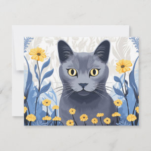 Russian Blue Cat Yellow Flowers Holiday Card