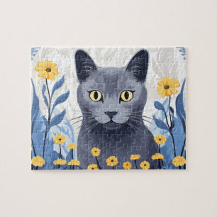 Russian Blue Cat Yellow Flowers Jigsaw Puzzle