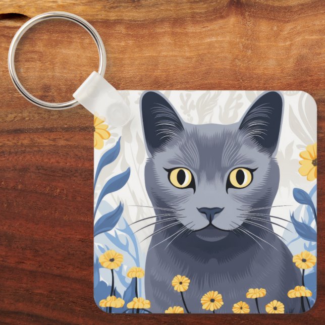 Russian Blue Cat Yellow Flowers Key Ring (Front)