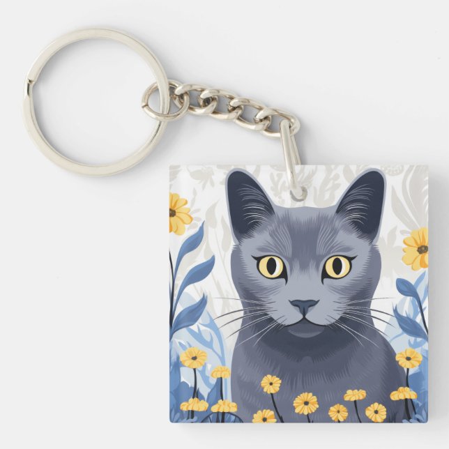 Russian Blue Cat Yellow Flowers Key Ring (Front)