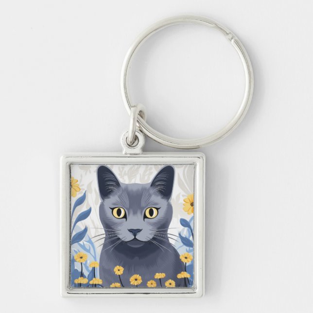 Russian Blue Cat Yellow Flowers Key Ring (Front)