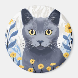 Russian Blue Cat Yellow Flowers Magnet