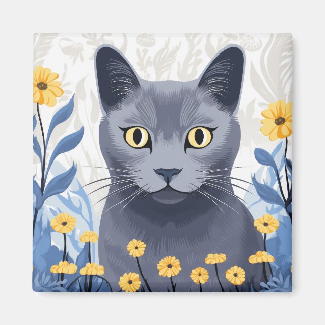 Russian Blue Cat Yellow Flowers Magnet (Front)