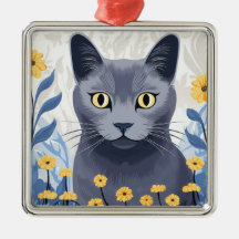 Russian Blue Cat Yellow Flowers