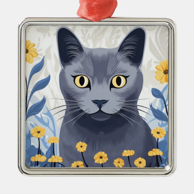 Russian Blue Cat Yellow Flowers Metal Tree Decoration (Front)