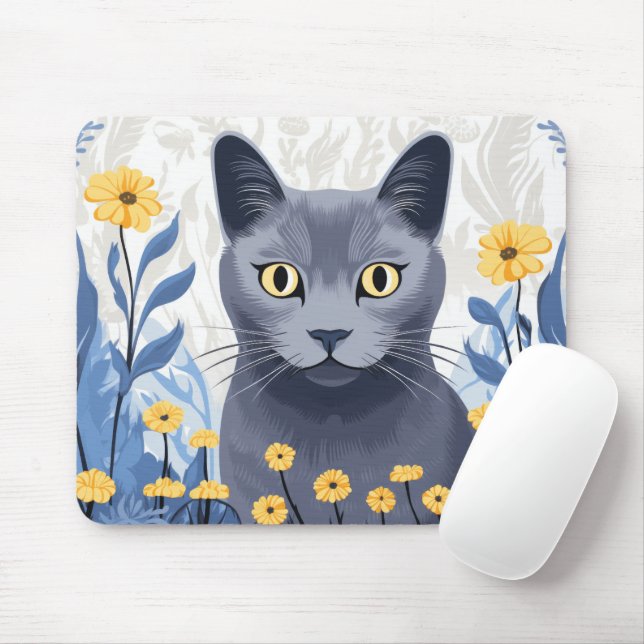 Russian Blue Cat Yellow Flowers Mouse Mat (With Mouse)