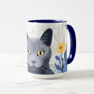 Russian Blue Cat Yellow Flowers Mug