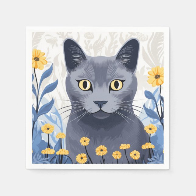 Russian Blue Cat Yellow Flowers Napkin (Front)