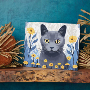 Russian Blue Cat Yellow Flowers Plaque